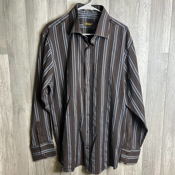 Roar‎ Shirt Mens XXL Brown Long Sleeve Button Up Rockabilly 2XL Original Striped - Picture 1 of 8